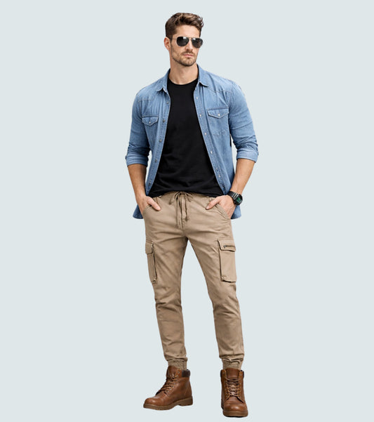 L'MONTE Men's Khaki Cotton Stretch Cargo Joggers Lmonte International