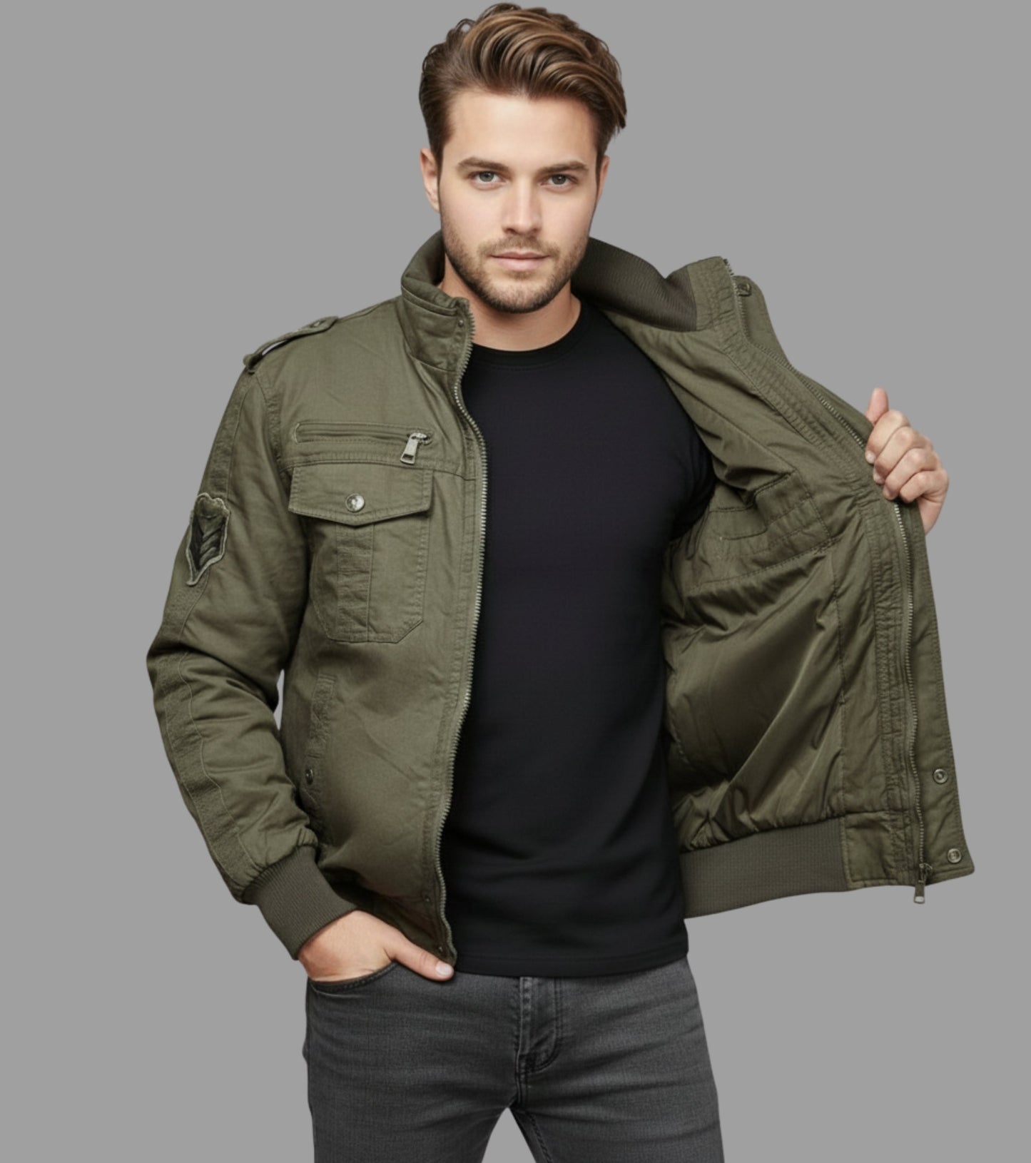 L'MONTE Men's Military-Style Army Green Cargo Jacket For Mild Winter My Store