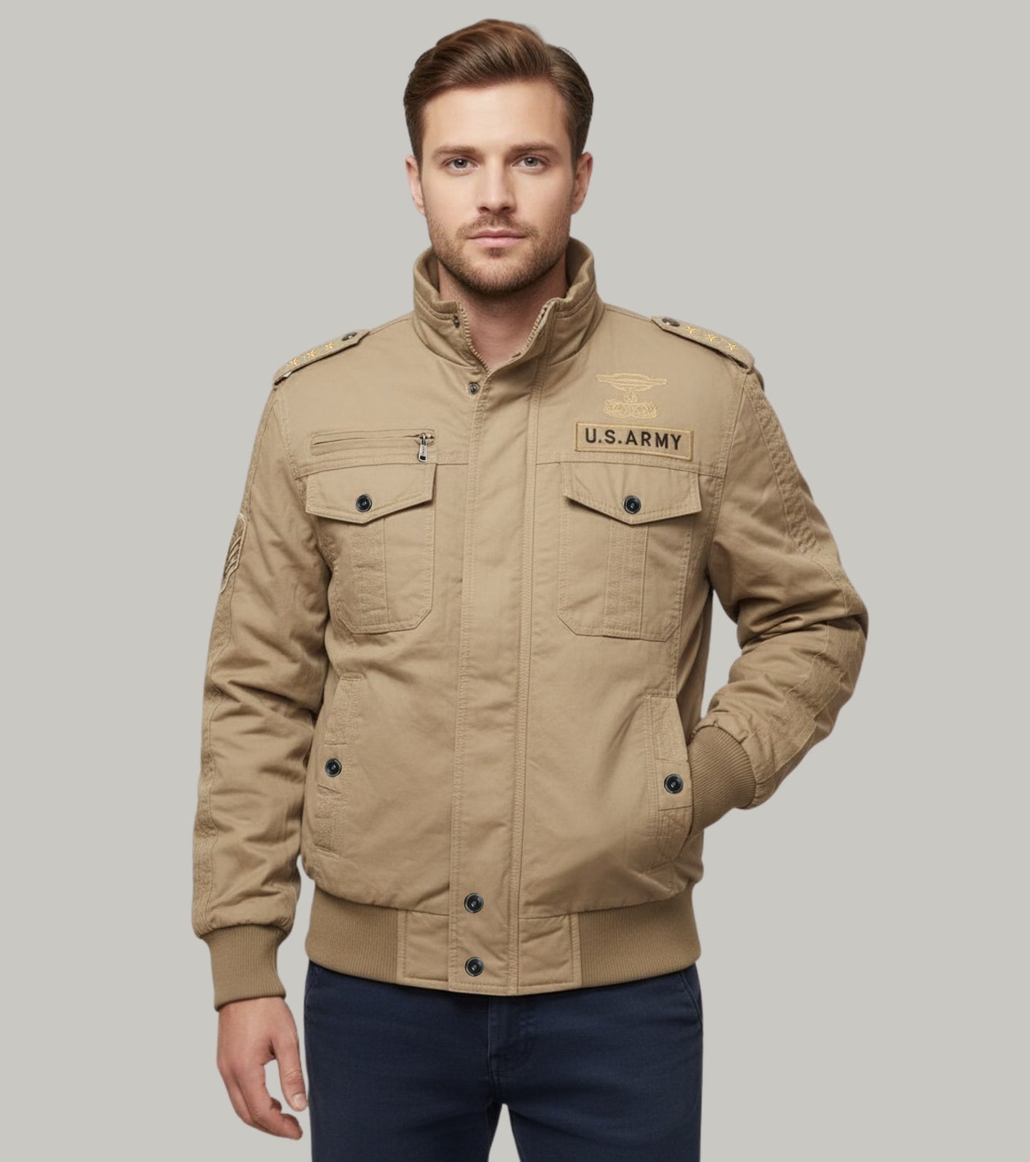 L'MONTE Men's Military-Style Khaki Cargo Jacket For Mild Winter My Store