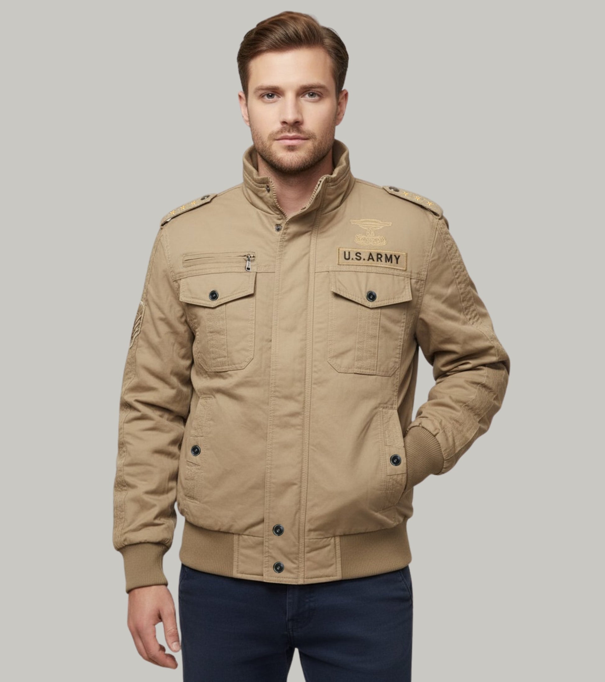 L'MONTE Men's Military-Style Khaki Cargo Jacket For Mild Winter My Store