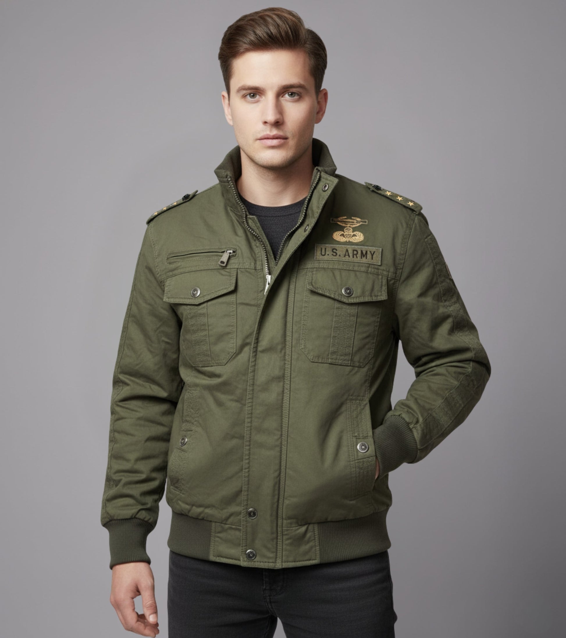L'MONTE Men's Army Green Military Style Cargo Cotton Jacket