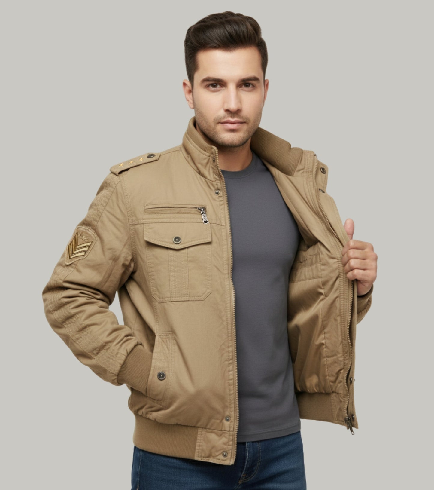 L'MONTE Men's Military-Style Khaki Cargo Jacket For Mild Winter My Store