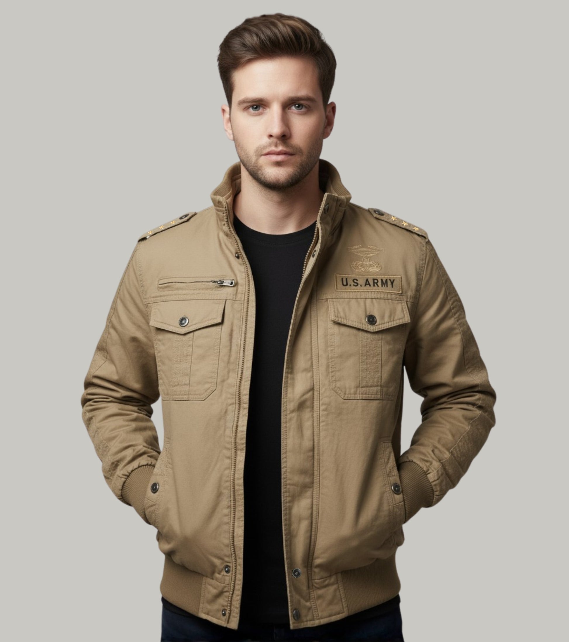 L'MONTE Men's Military-Style Khaki Cargo Jacket For Mild Winter My Store