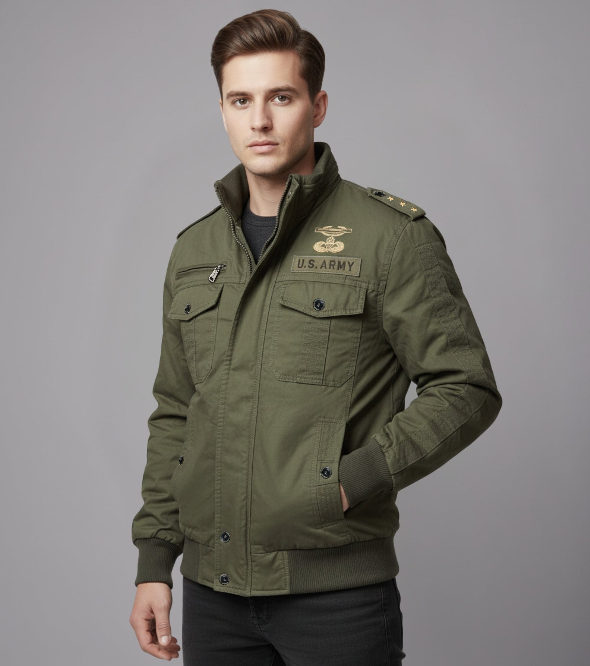 L'MONTE Men's Military-Style Army Green Cargo Jacket For Mild Winter My Store