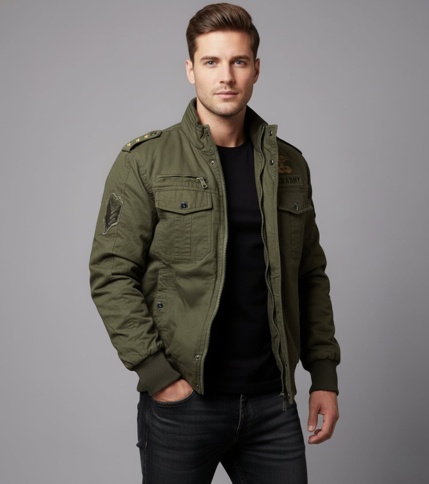 L'MONTE Men's Military-Style Army Green Cargo Jacket For Mild Winter My Store