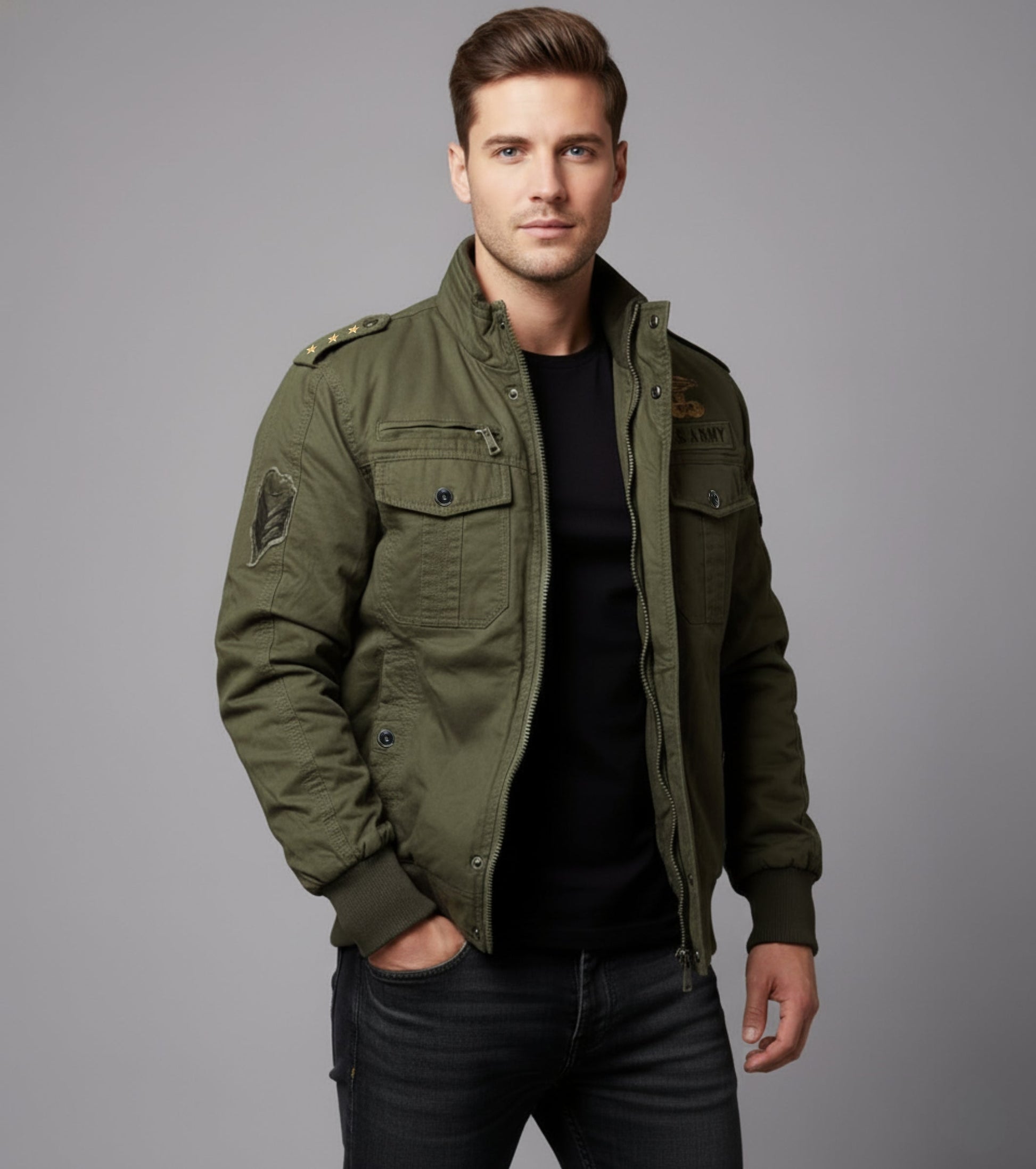 L'MONTE Men's Military-Style Army Green Cargo Jacket For Mild Winter My Store