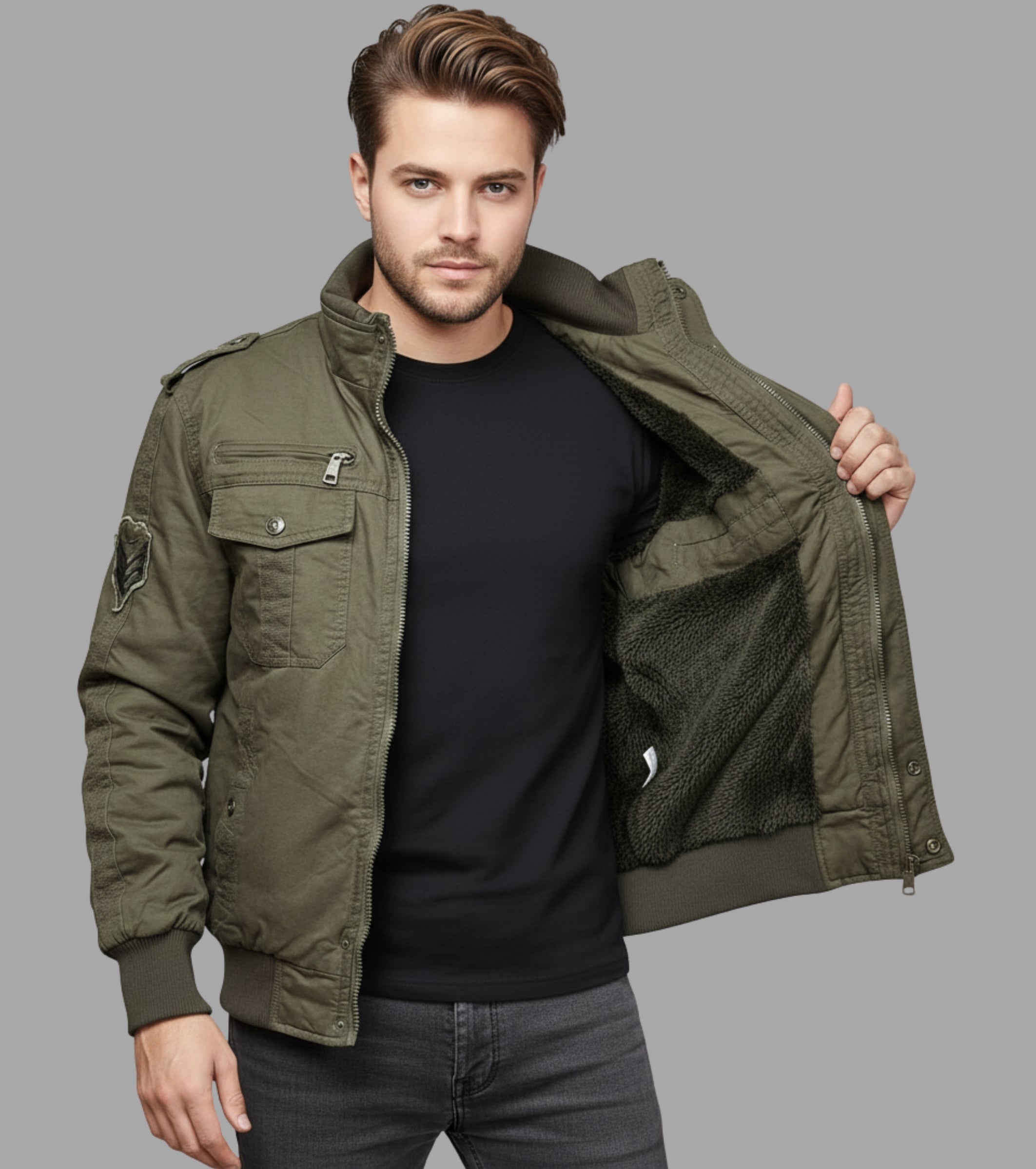 L'MONTE Men's Army Green Military Style Cargo Cotton Jacket