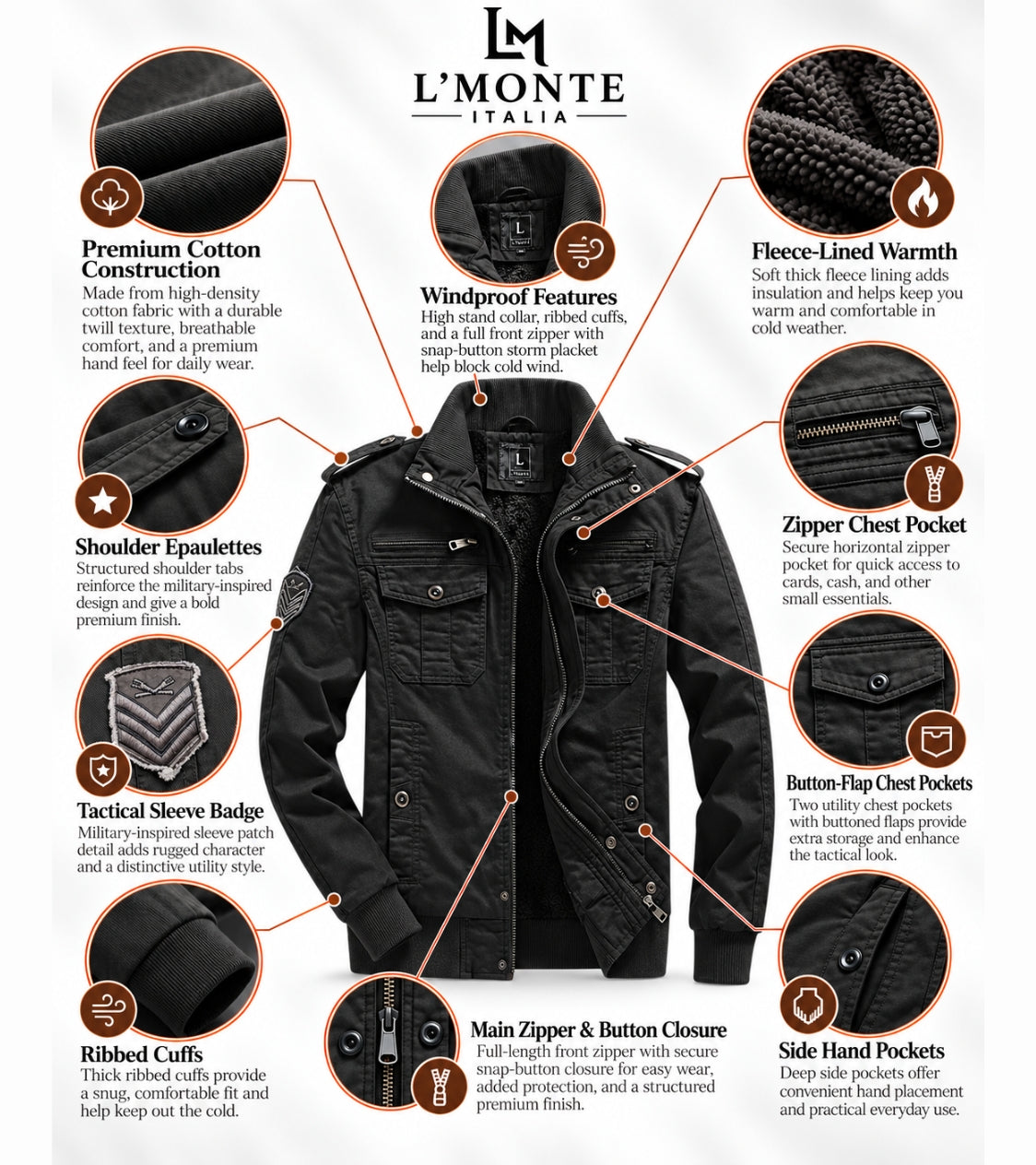 L'MONTE Men's Black Military-Style Cargo Winter Jacket My Store