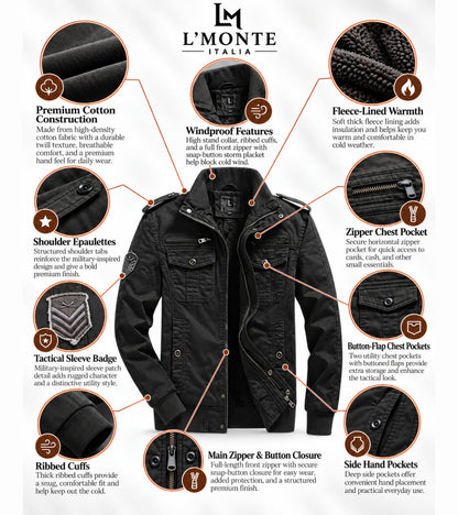 L'MONTE Men's Black Military-Style Cargo Winter Jacket My Store