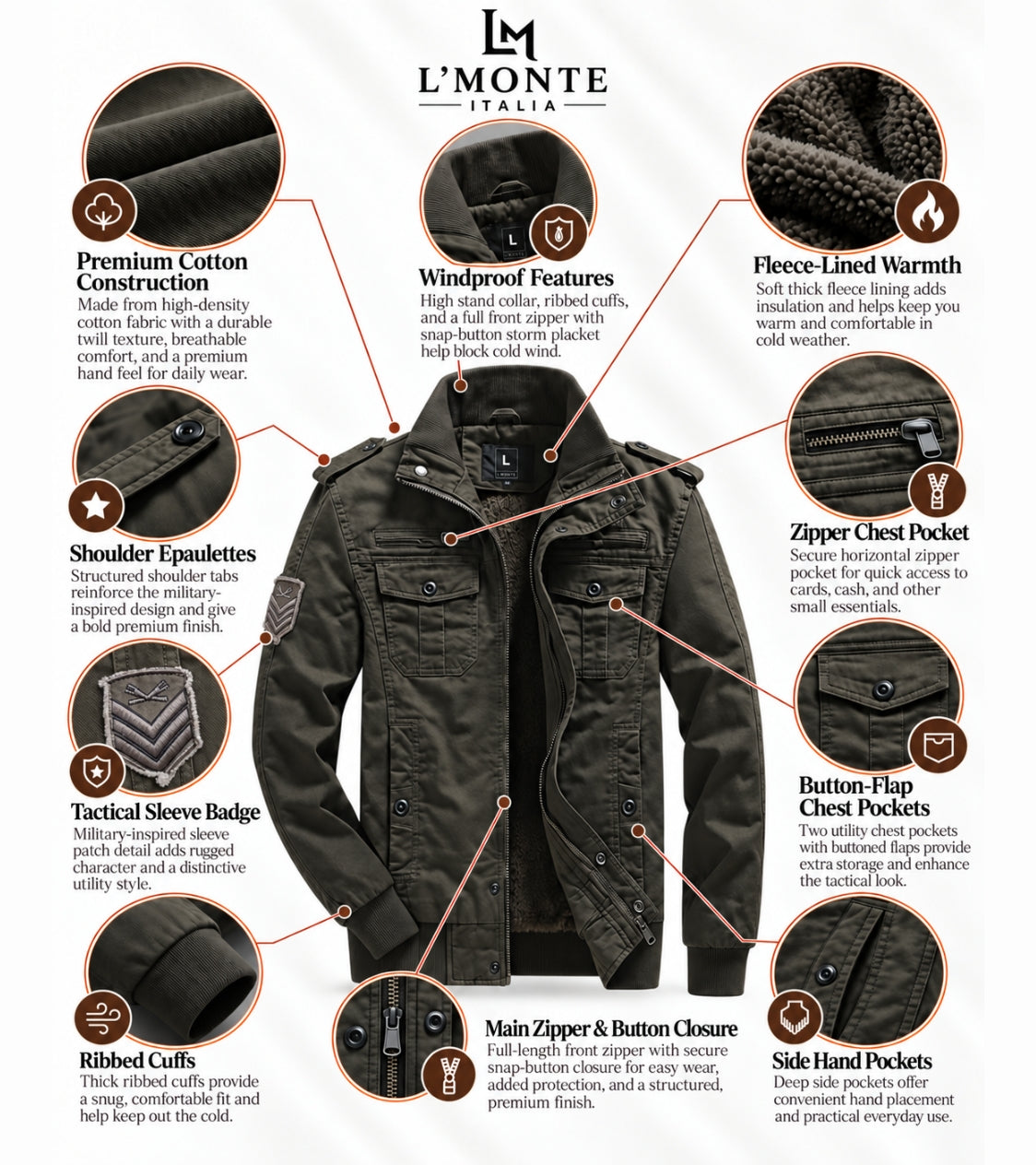 L'MONTE Men's Army Green Military-Style Cargo Winter Jacket My Store