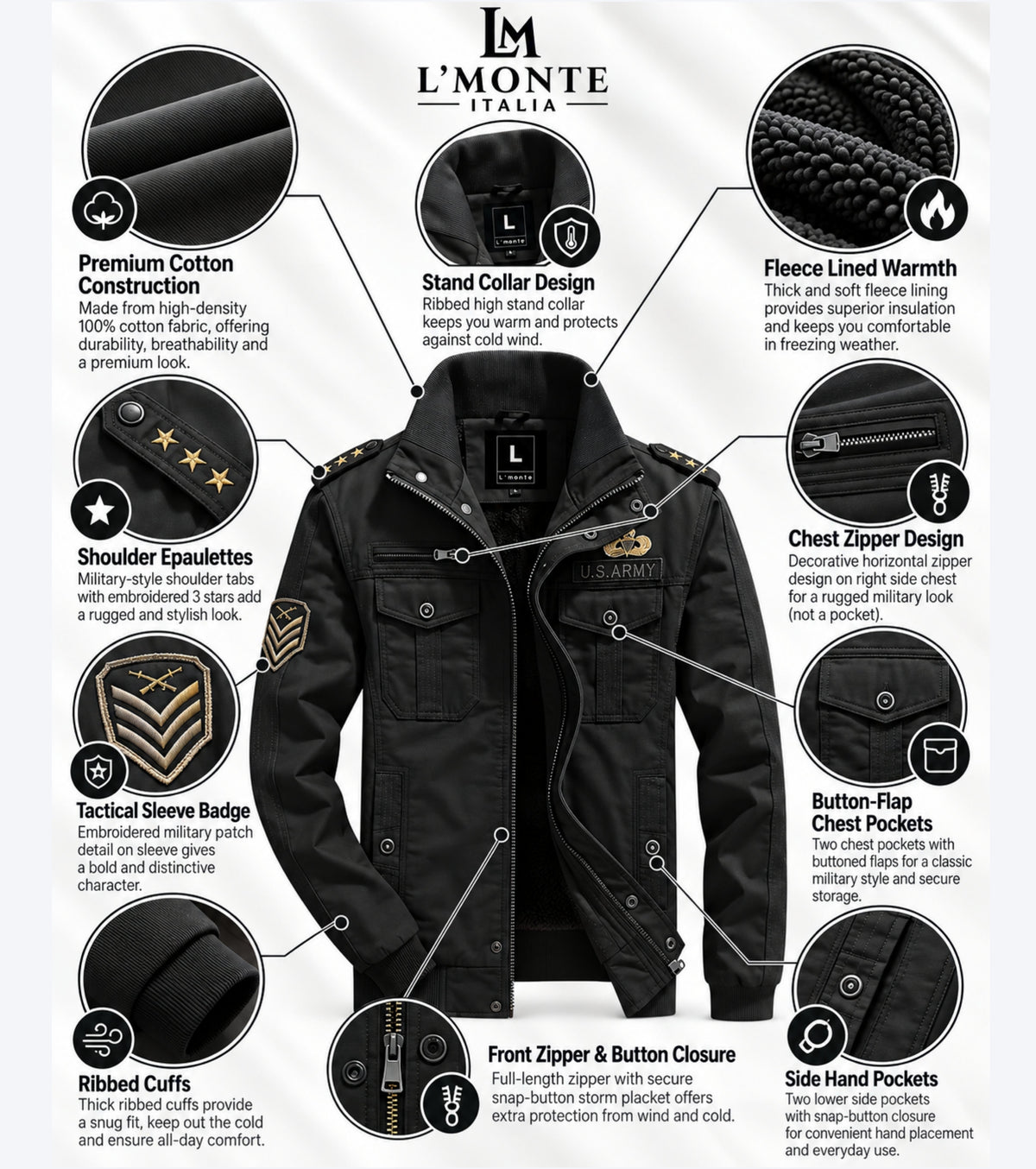 L'MONTE Men's Black Military Style Cargo Cotton Jacket My Store