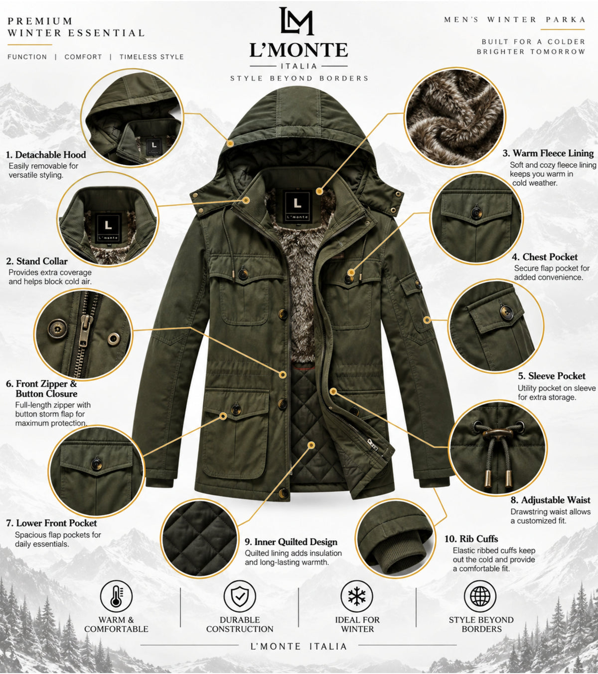 L'MONTE Men's Army Green Heavy-Duty Winter Jacket My Store
