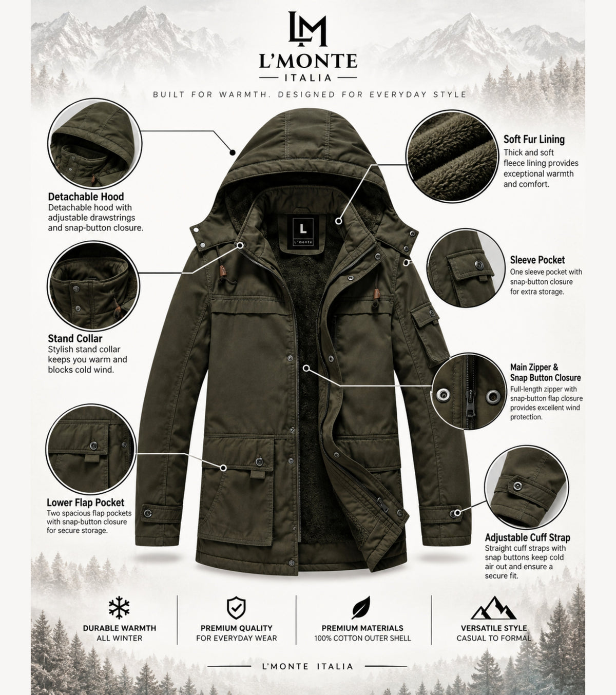 L'MONTE Men's Army Green Heavy-Duty Winter Jacket My Store