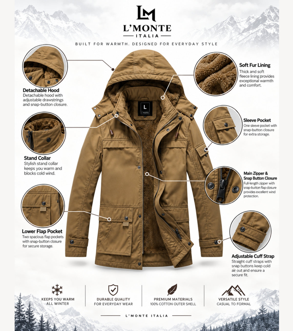 L'MONTE Men's Khaki Heavy-Duty Winter Jacket My Store