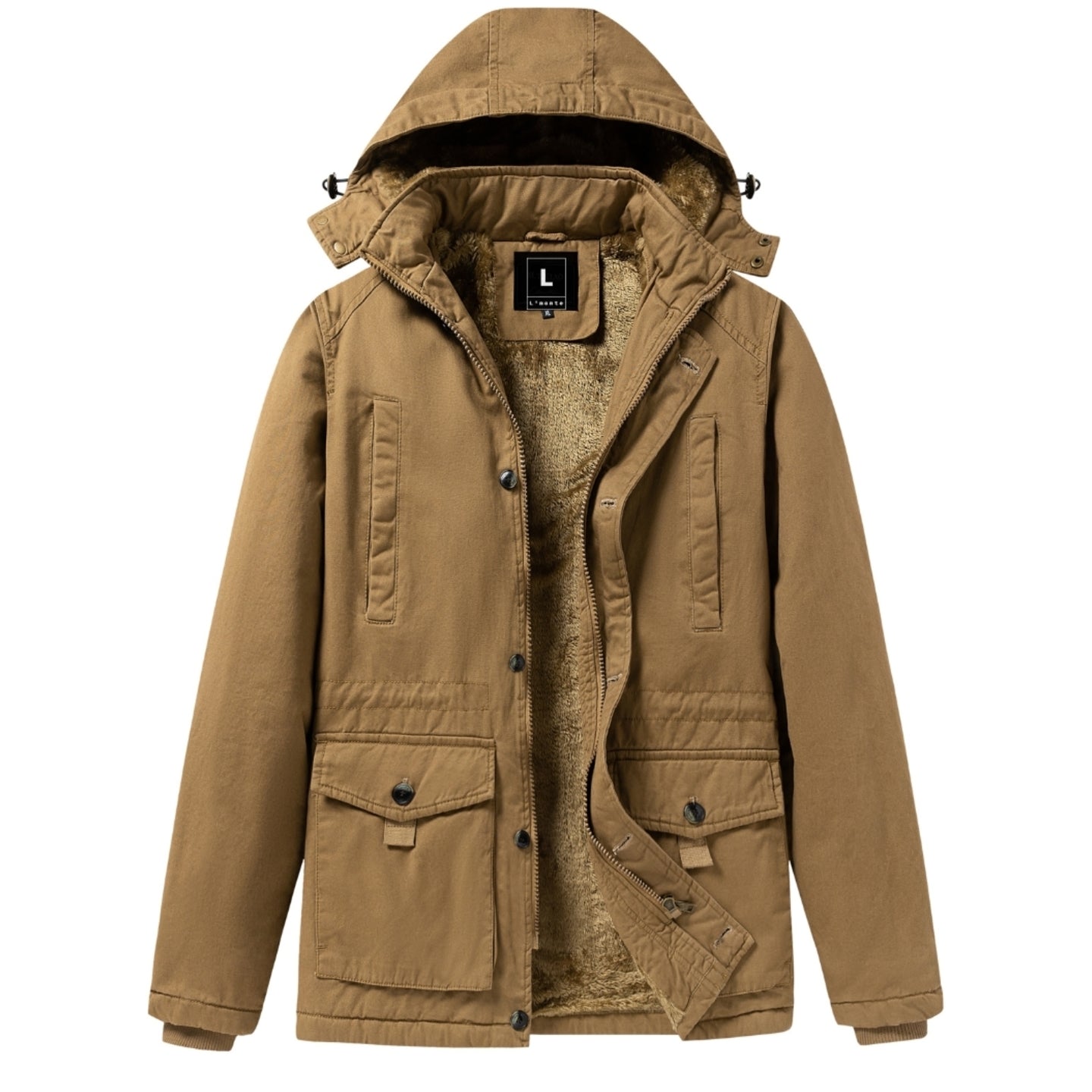 L'MONTE Men's Khaki Fleece-Lined Jacket With Detachable Hood My Store