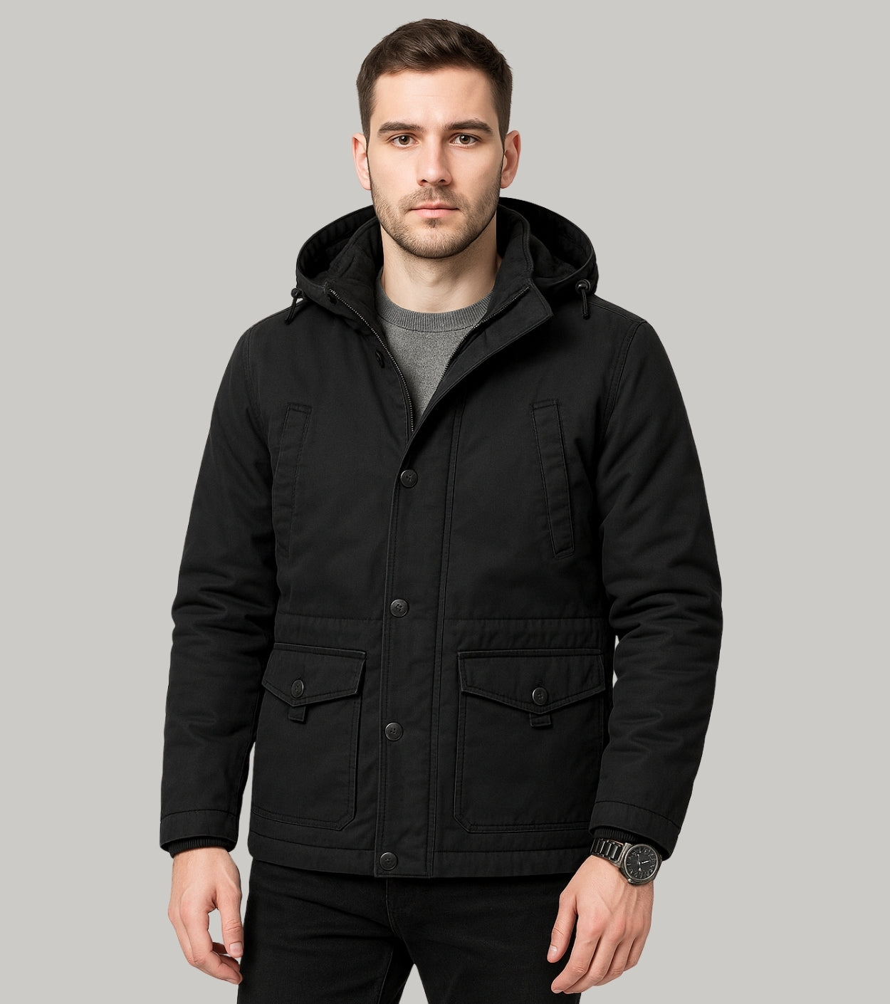 L'MONTE Men's Black Fleece-Lined Jacket With Detachable Hood My Store
