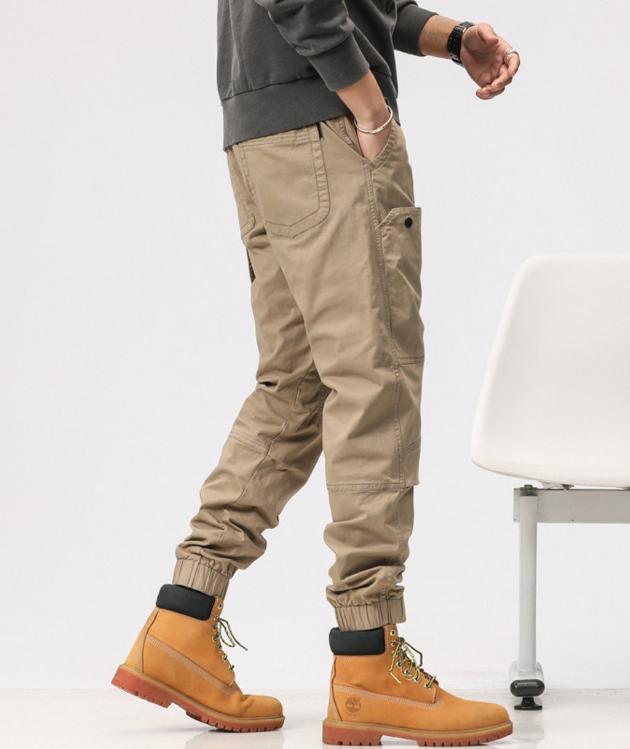 L'MONTE Imported Expandable Elastic Waist Slim Fit Khaki Cotton Cargo Joggers My Store