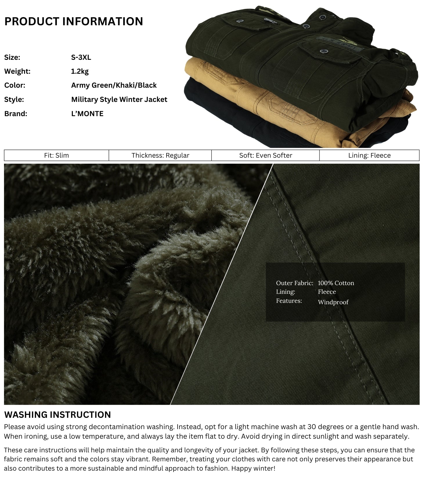 L'MONTE Men's Black Military Style Cargo Cotton Jacket My Store