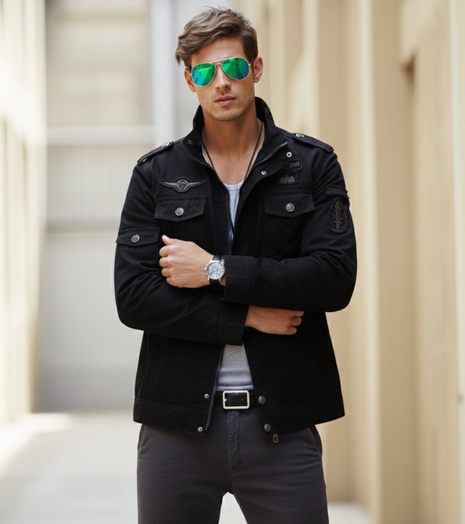 L'MONTE Men's Black Military-Style Bomber Jacket My Store