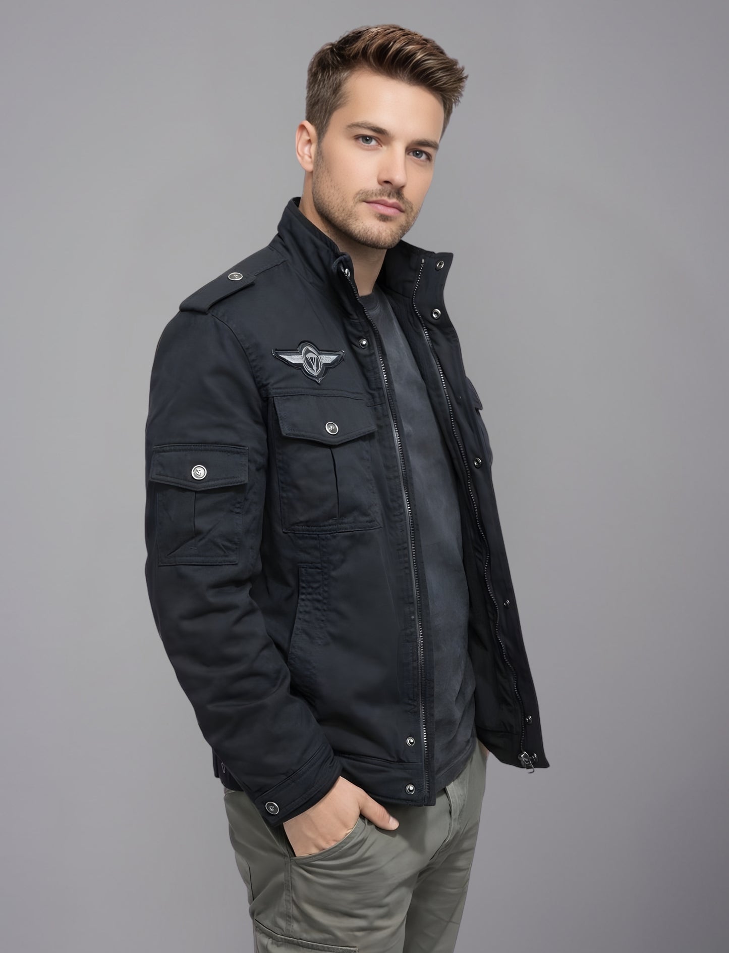 L'MONTE Men's Black Fleece-Lined Bomber Jacket