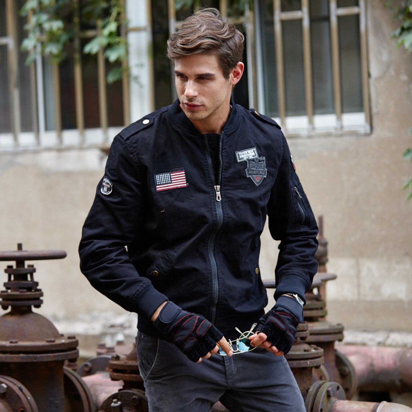 Trench Coat Military Style Leather Jacket L'MONTE Men's Black