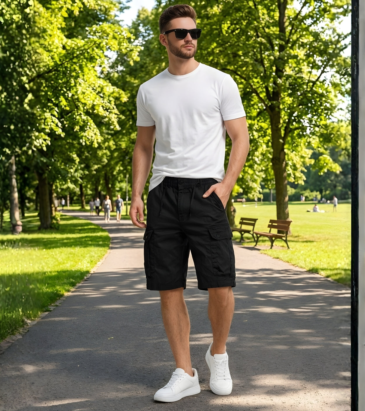 L'MONTE Imported Men's Slim Fit Black Cotton Cargo Shorts – Lightweight Summer Casual Knee Length Shorts Lmonte International