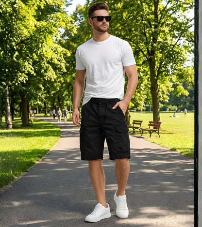 L'MONTE Imported Men's Slim Fit Black Cotton Cargo Shorts – Lightweight Summer Casual Knee Length Shorts Lmonte International