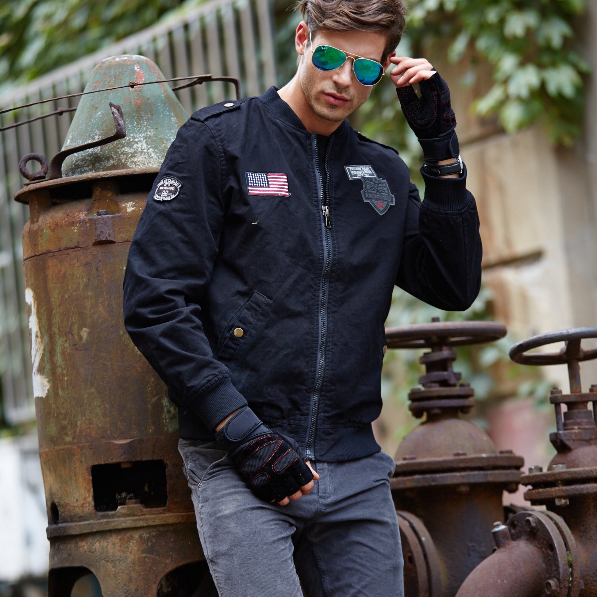 L'MONTE Men's Black USA Army-Style Biker Jacket My Store