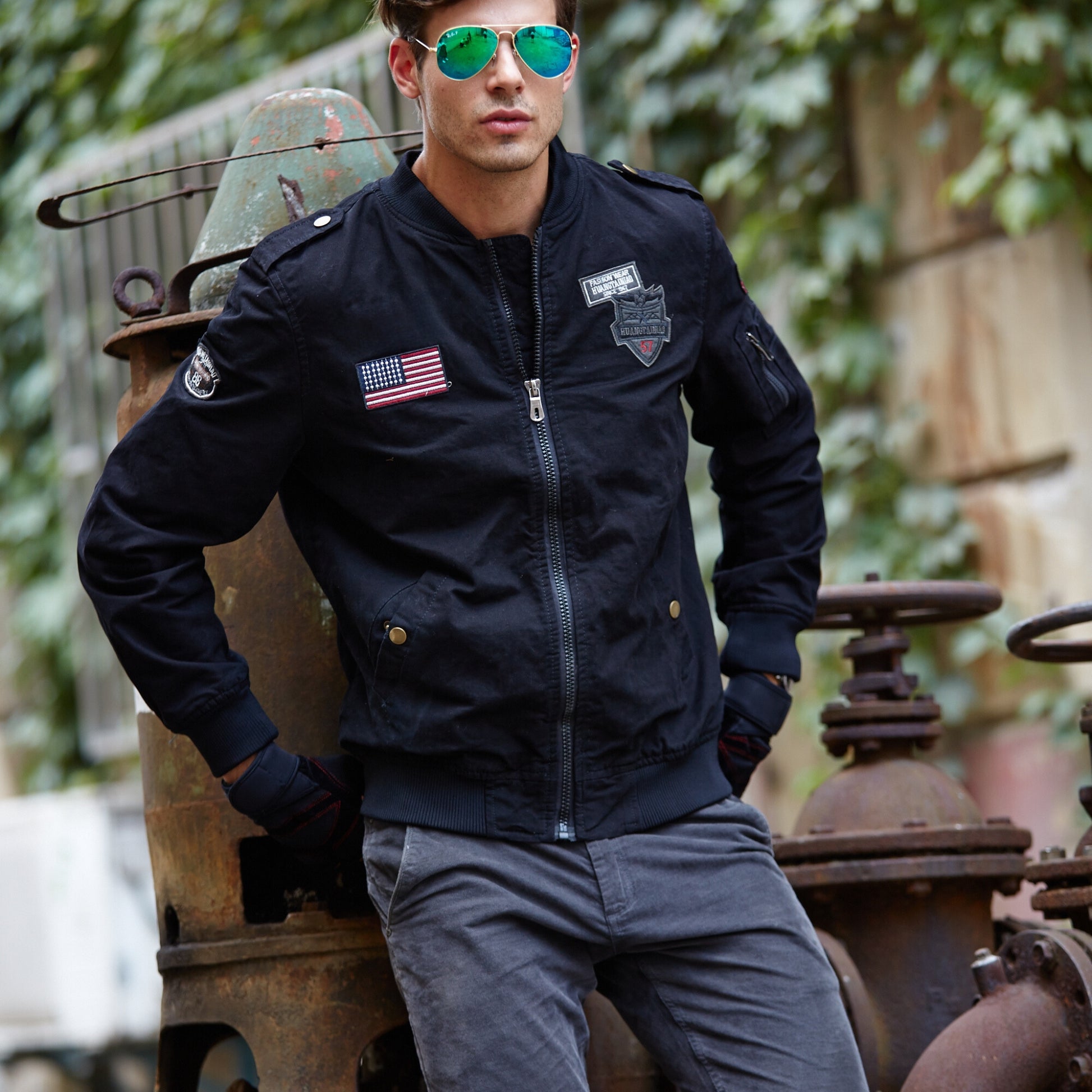 L'MONTE Men's Black USA Army-Style Biker Jacket My Store