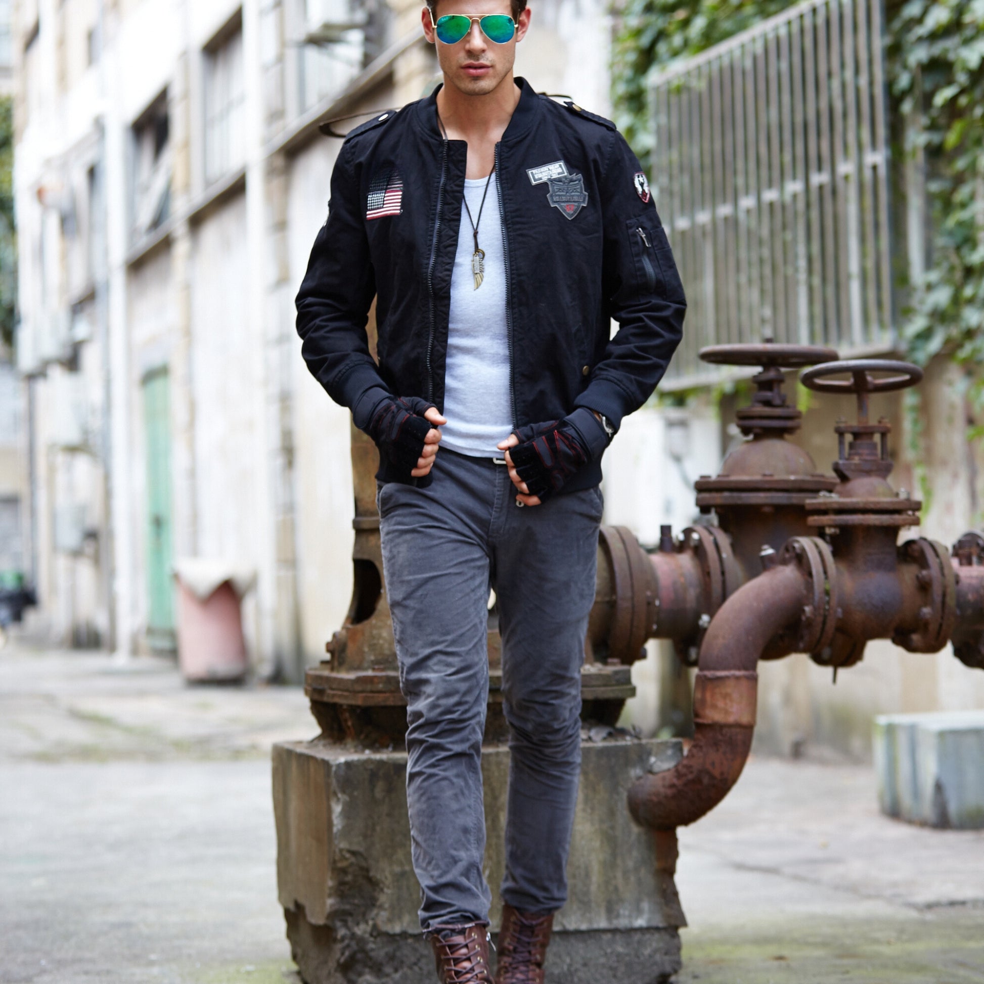 L'MONTE Men's Black USA Army-Style Biker Jacket My Store
