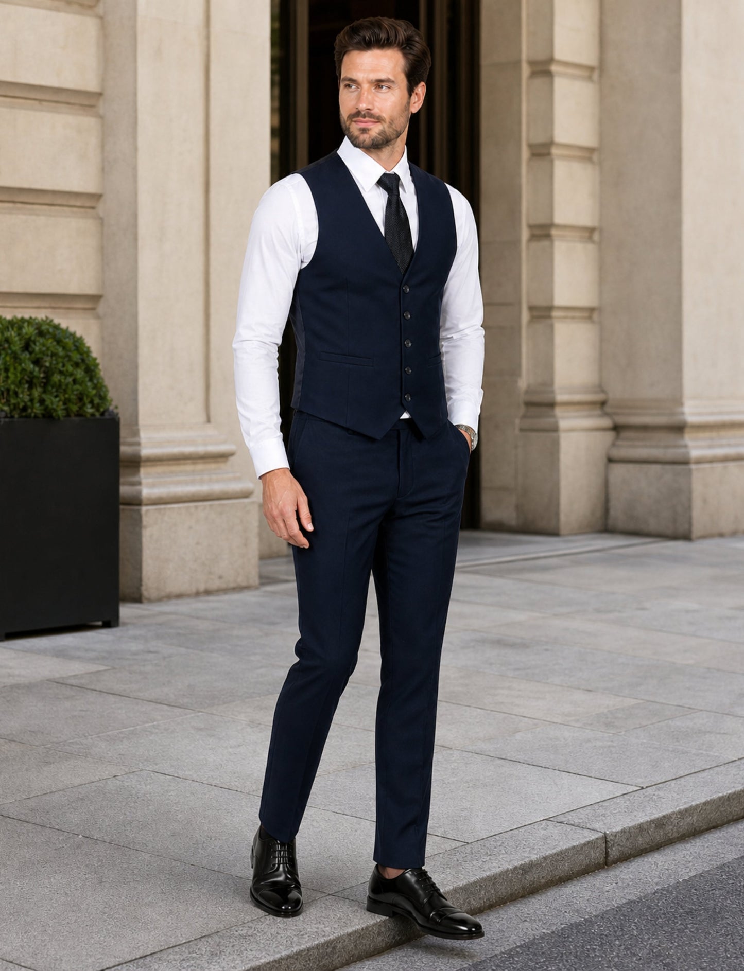 L'MONTE Imported Men's Black Poly Viscose V-Shape Single Breasted Slim Fit Business Formal Dress Waistcoat Vest for Men My Store