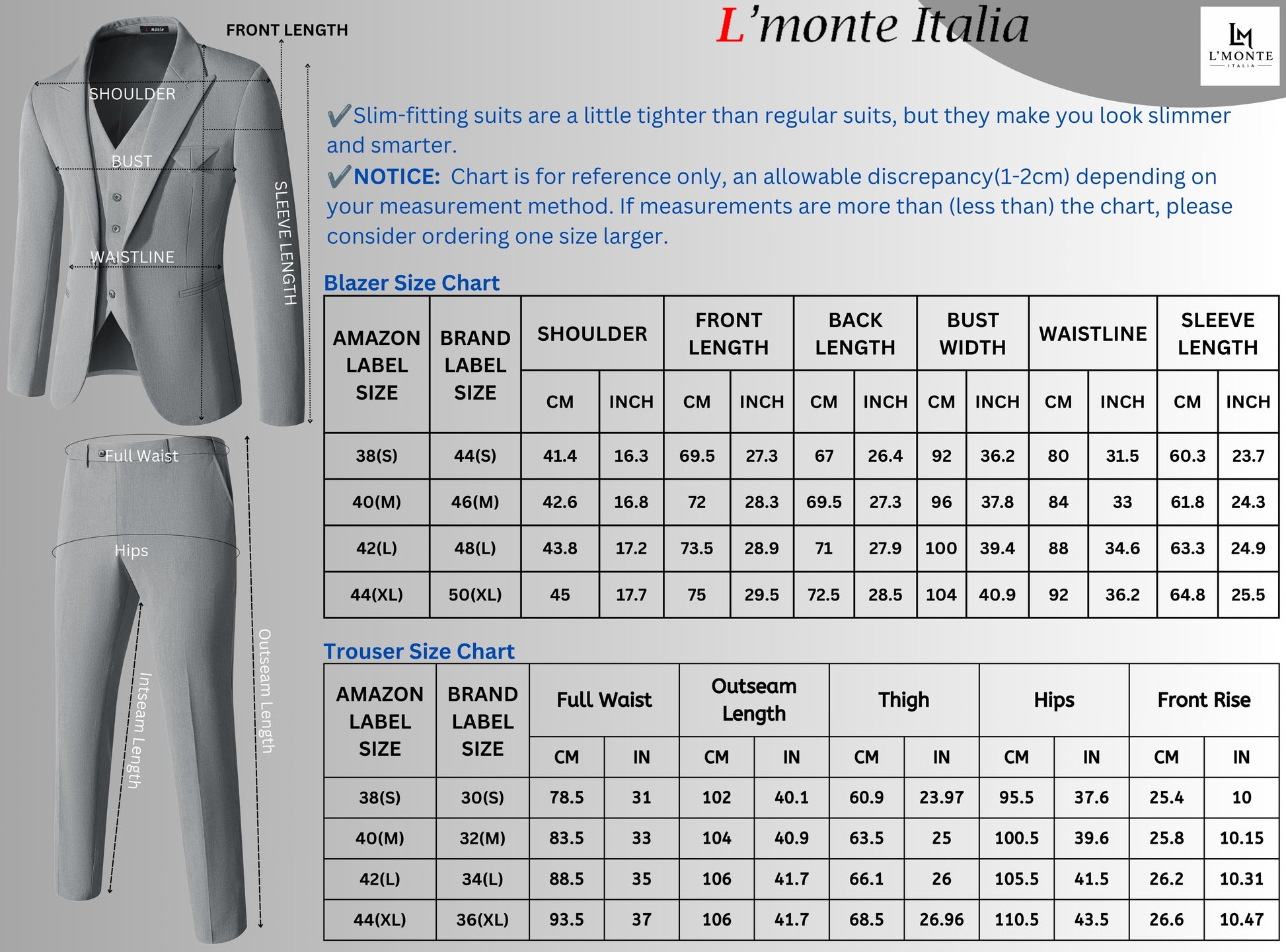 L'MONTE Men's 3-Piece Slim Fit Suit Set in Blue | Formal Blazer, Vest & Pant with One-Button Closure for Weddings, Business, and Parties Lmonte International