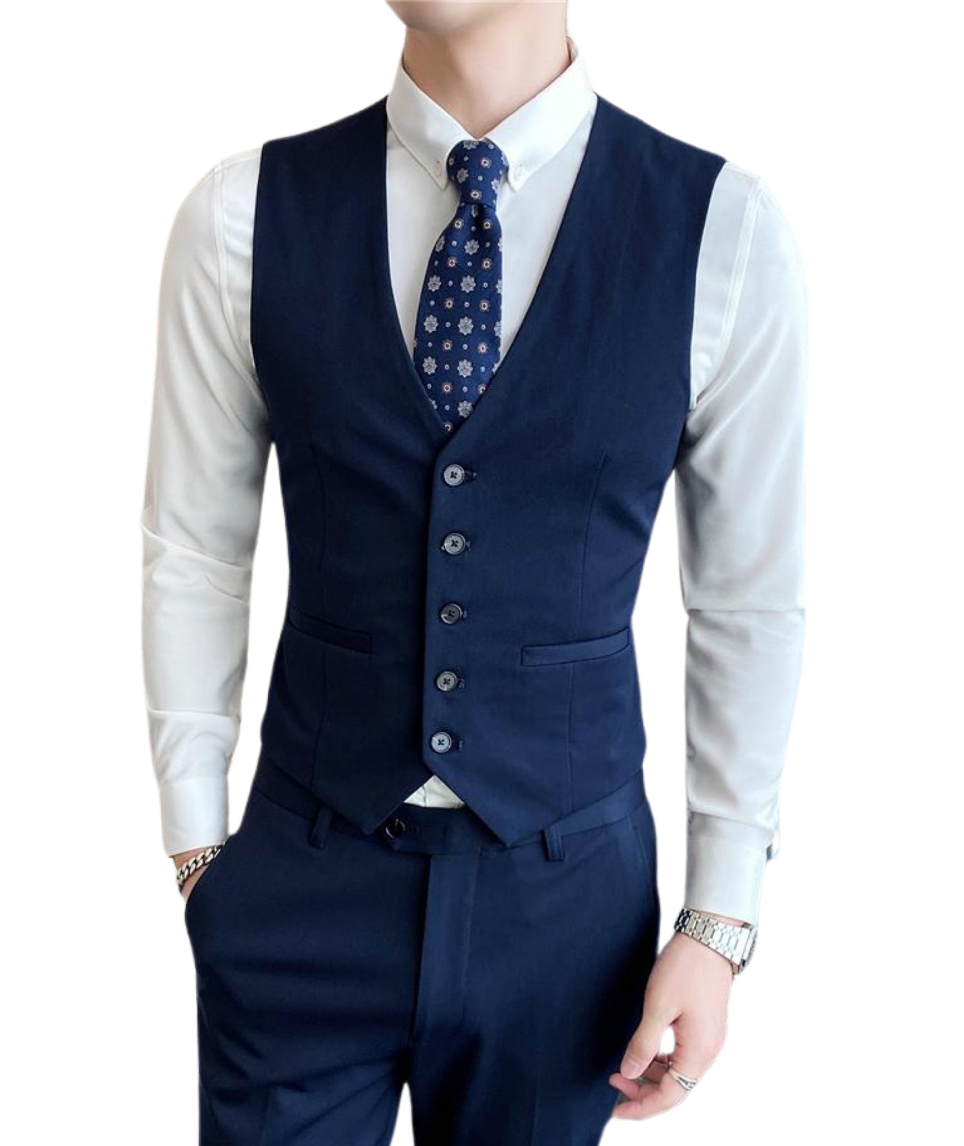 L'MONTE Imported Men's Blue Poly Viscose V-Shape Single Breasted Slim Fit Business Formal Dress Waistcoat Vest for Men My Store