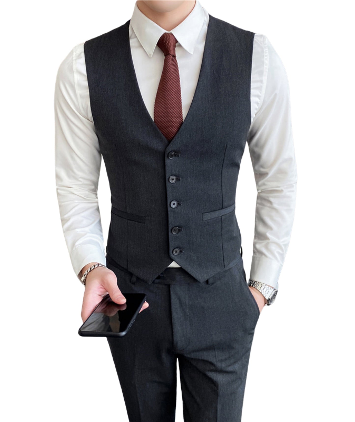L'MONTE Imported Men's Dark Grey Poly Viscose V-Shape Single Breasted Slim Fit Business Formal Dress Waistcoat Vest for Men Lmonte International