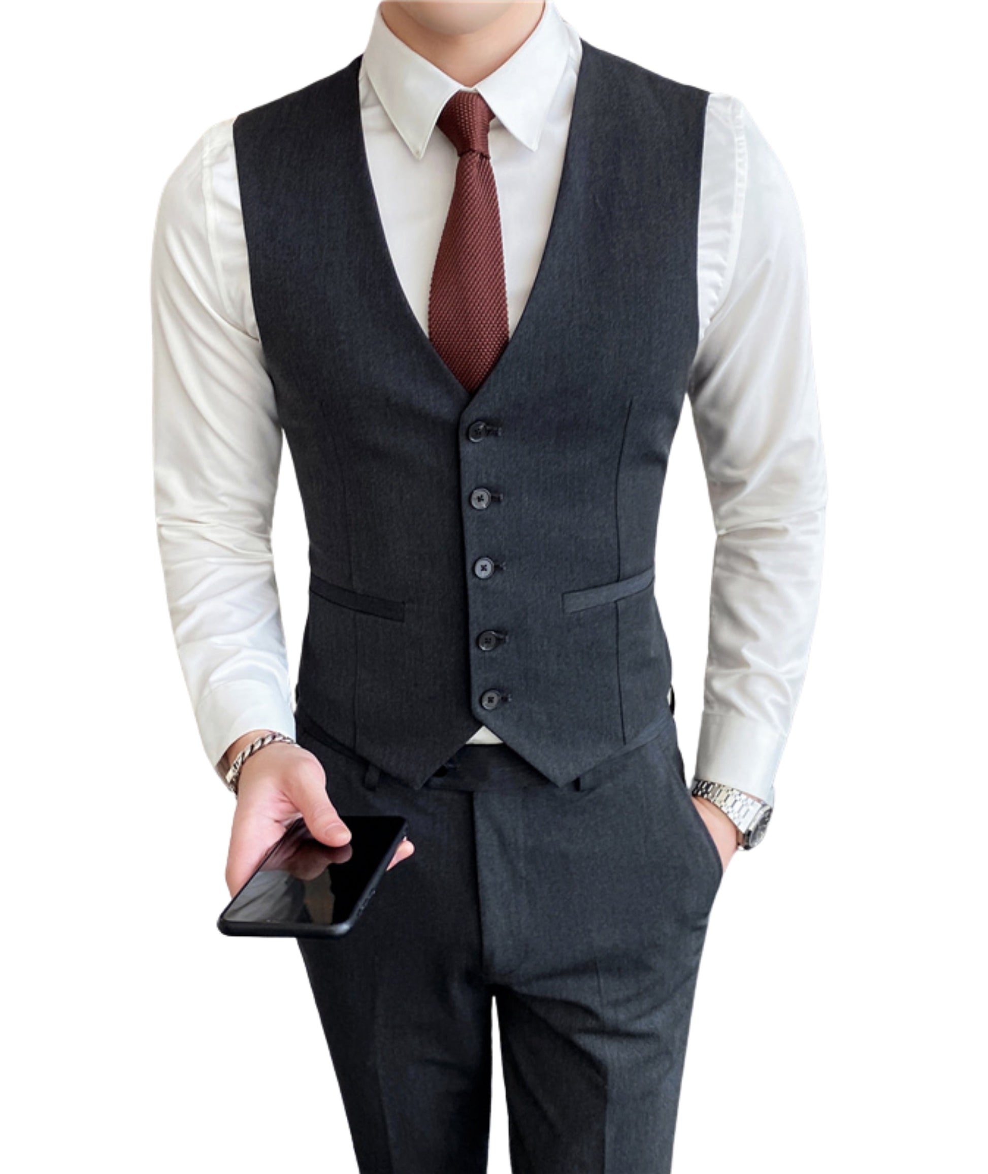 L'MONTE Imported Men's Dark Grey Poly Viscose V-Shape Single Breasted Slim Fit Business Formal Dress Waistcoat Vest for Men Lmonte International