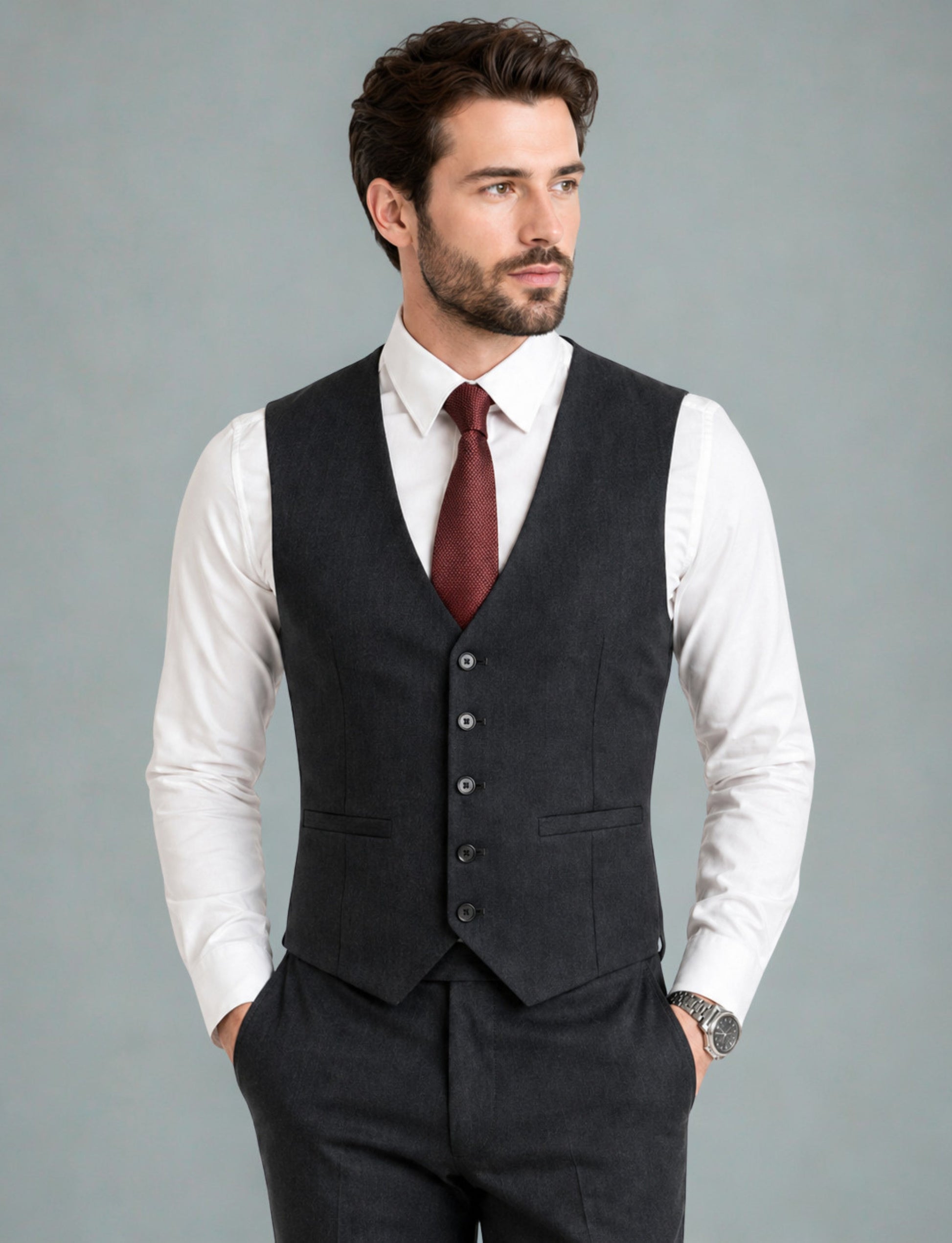 L'MONTE Imported Men's Dark Grey Poly Viscose V-Shape Single Breasted Slim Fit Business Formal Dress Waistcoat Vest for Men My Store
