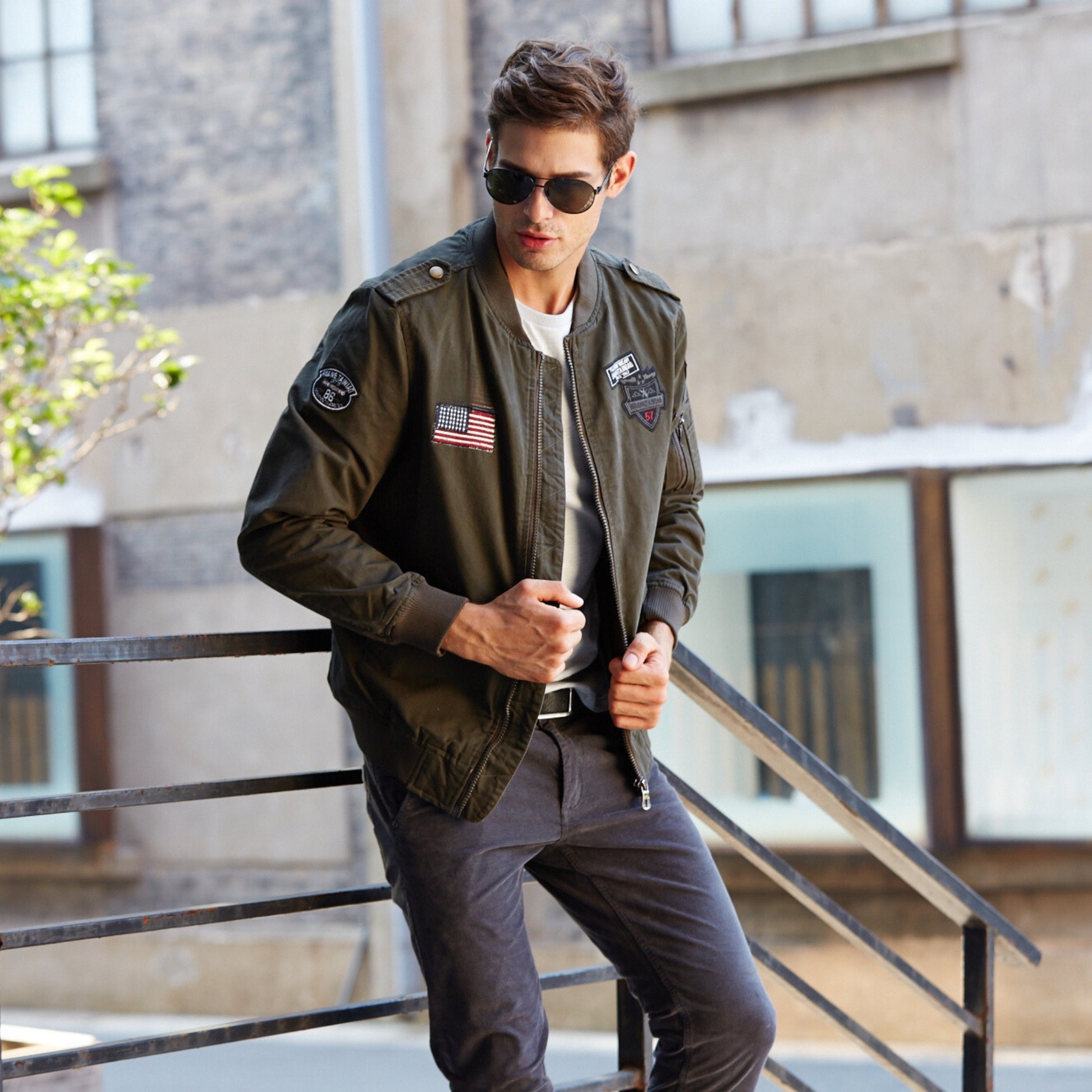 L'MONTE Men's Army Green USA Army-Style Biker Jacket My Store