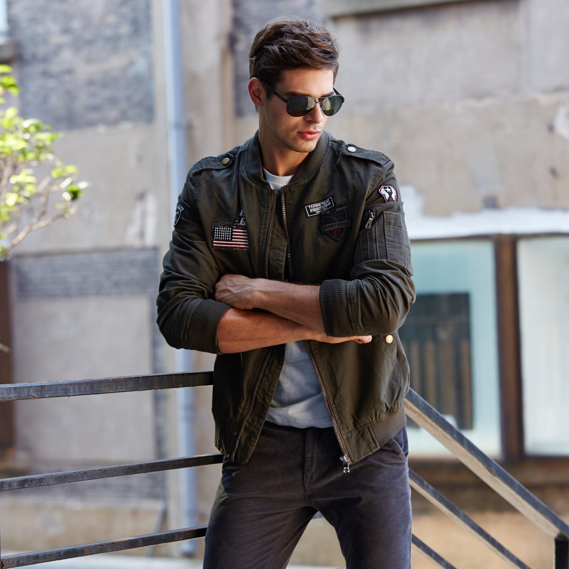 L'MONTE Men's Army Green USA Army-Style Biker Jacket My Store