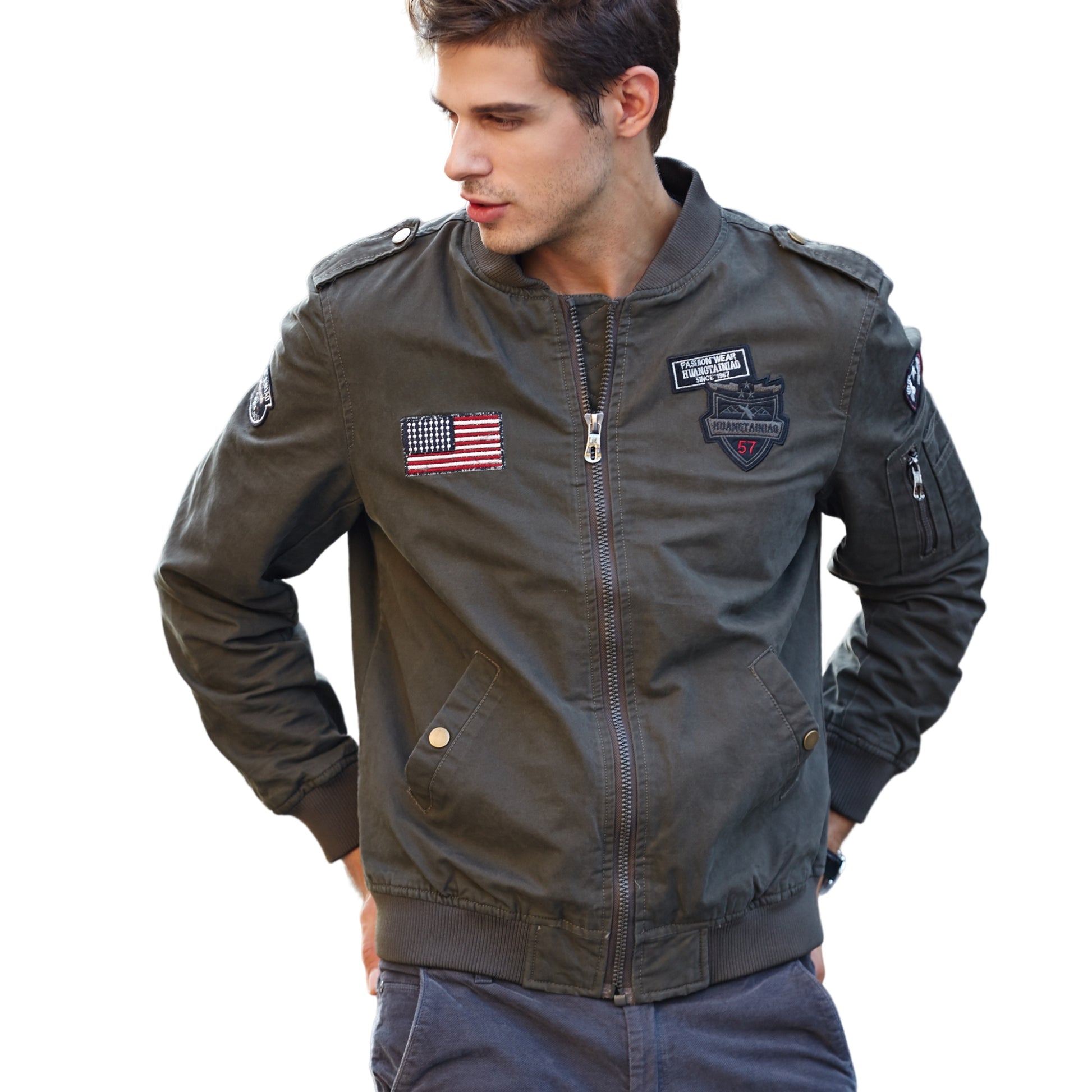 L'MONTE Men's Army Green USA Army-Style Biker Jacket My Store