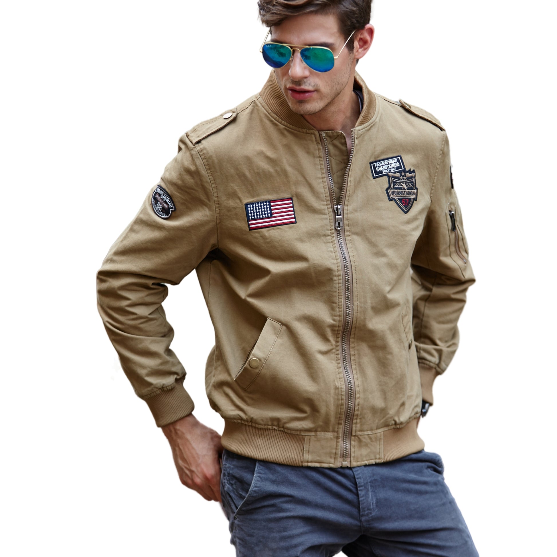 L'MONTE Men's Khaki USA Army-Style Biker Jacket My Store