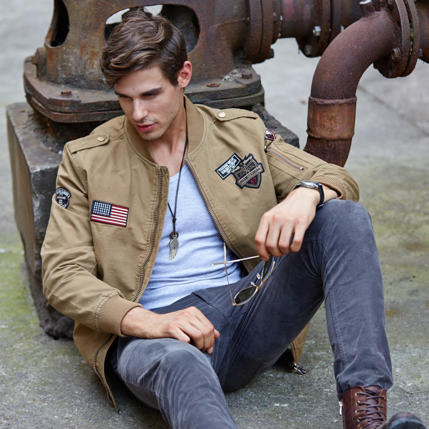 L'MONTE Men's Khaki USA Army-Style Biker Jacket My Store
