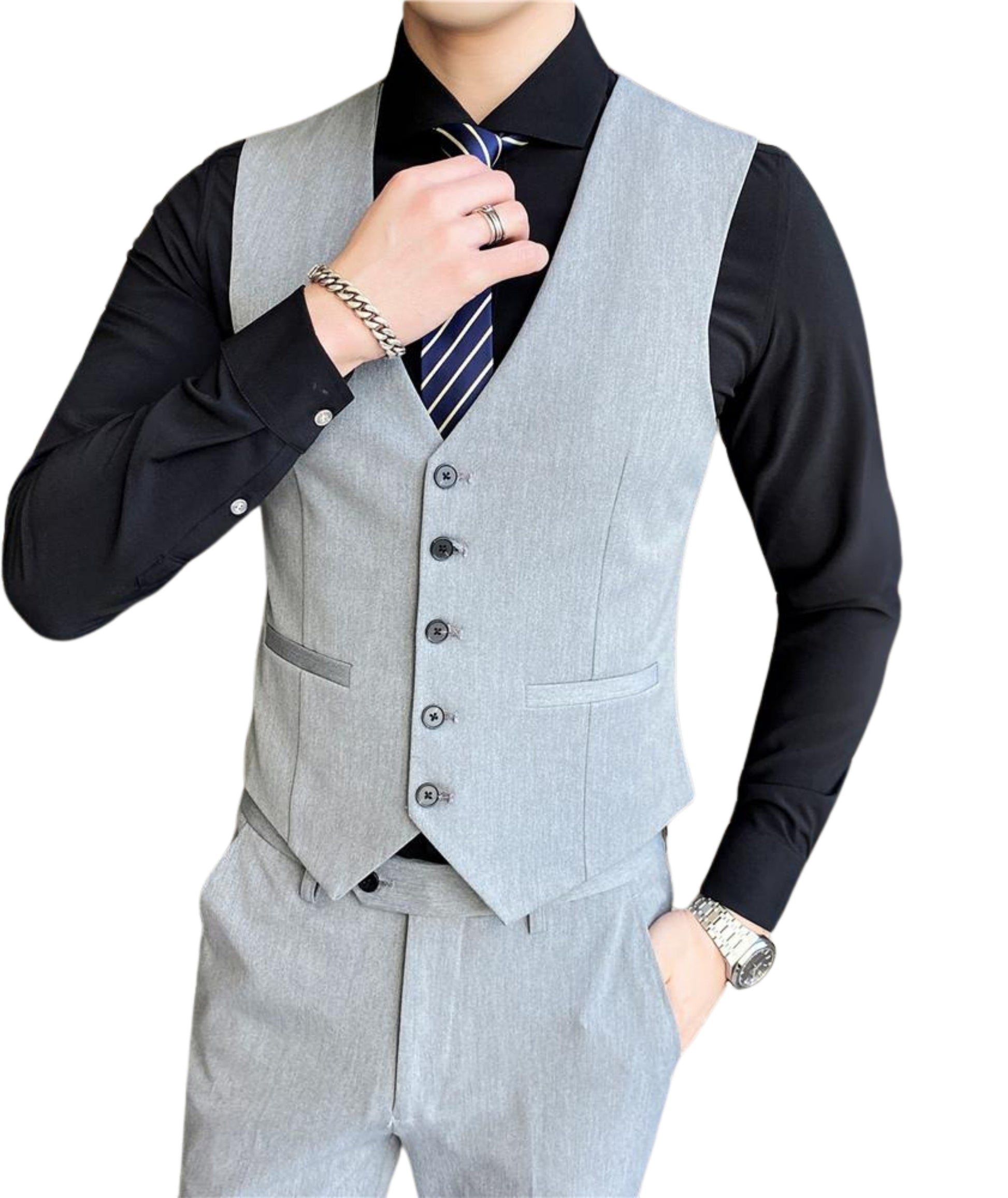 L'MONTE Imported Men's Light Grey Poly Viscose V-Shape Single Breasted Slim Fit Business Formal Dress Waistcoat Vest for Men My Store