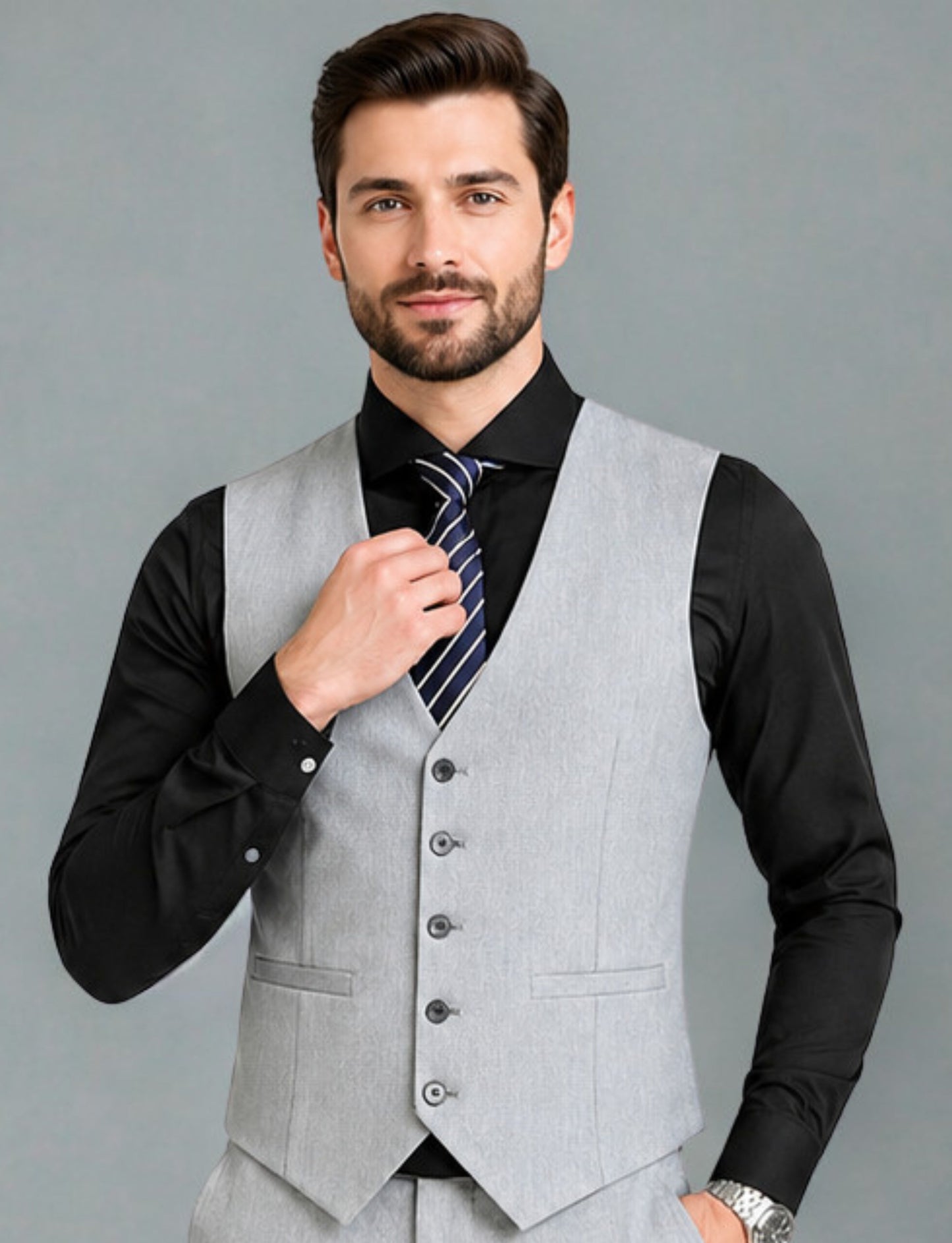 L'MONTE Imported Men's Light Grey Poly Viscose V-Shape Single Breasted Slim Fit Business Formal Dress Waistcoat Vest for Men My Store