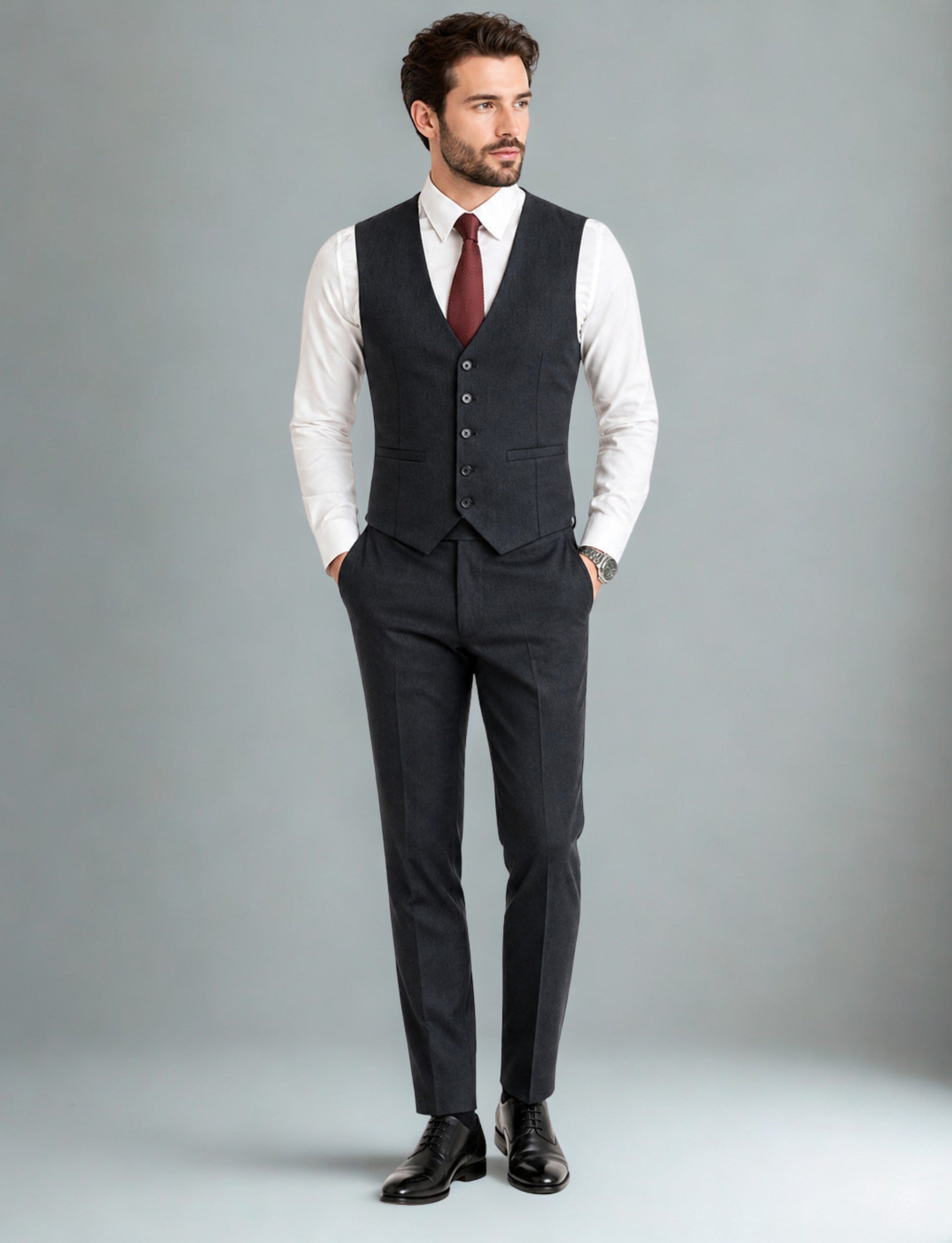 L'MONTE Imported Men's Dark Grey Poly Viscose V-Shape Single Breasted Slim Fit Business Formal Dress Waistcoat Vest for Men My Store