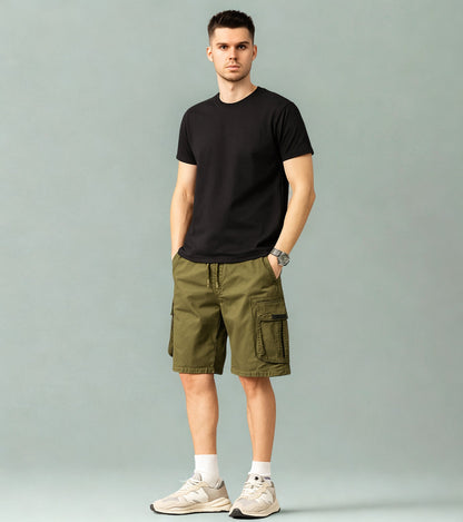 L'MONTE Men's Cotton Casual Army Green Elastic Waist Cargo Shorts My Store