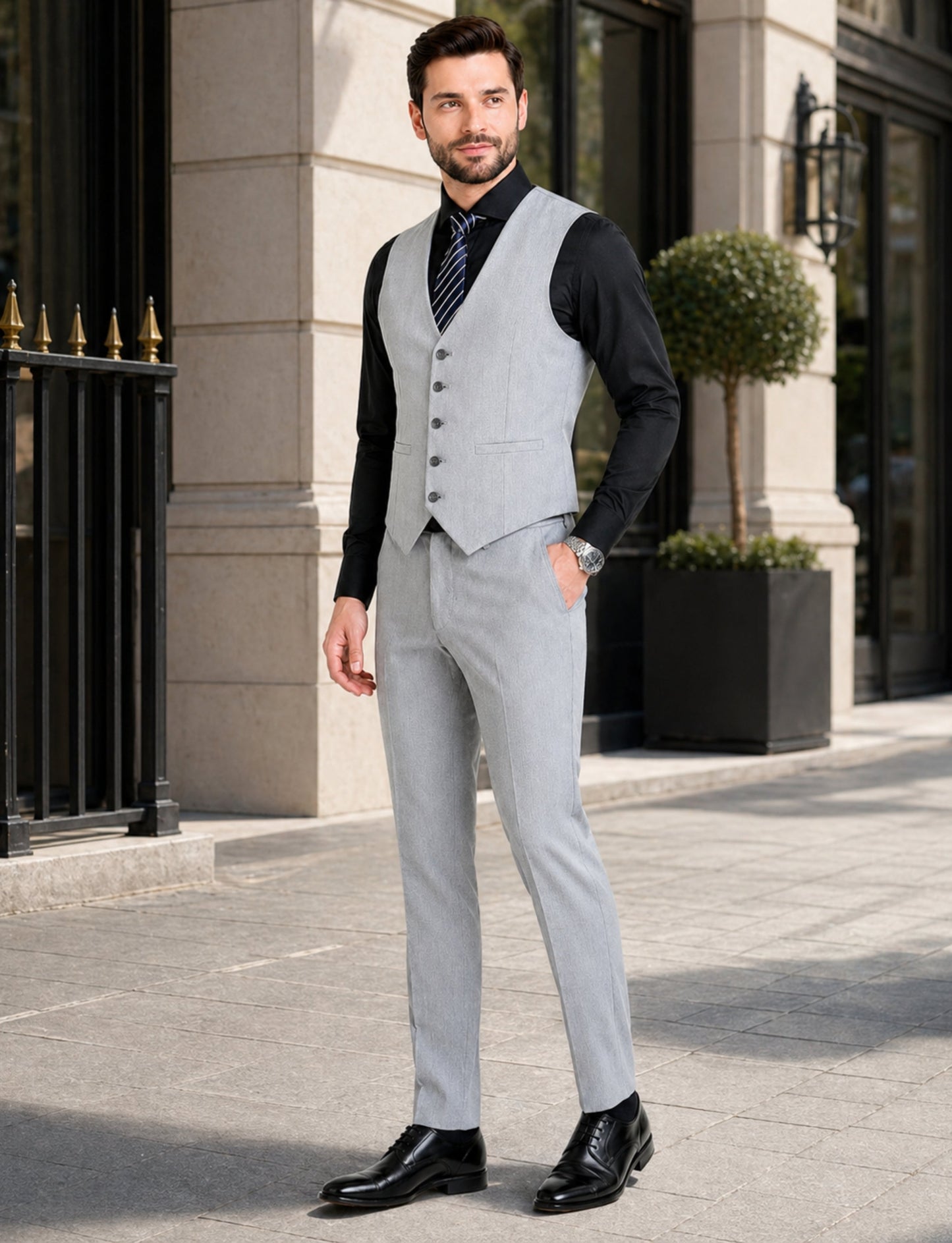 L'MONTE Imported Men's Light Grey Poly Viscose V-Shape Single Breasted Slim Fit Business Formal Dress Waistcoat Vest for Men My Store