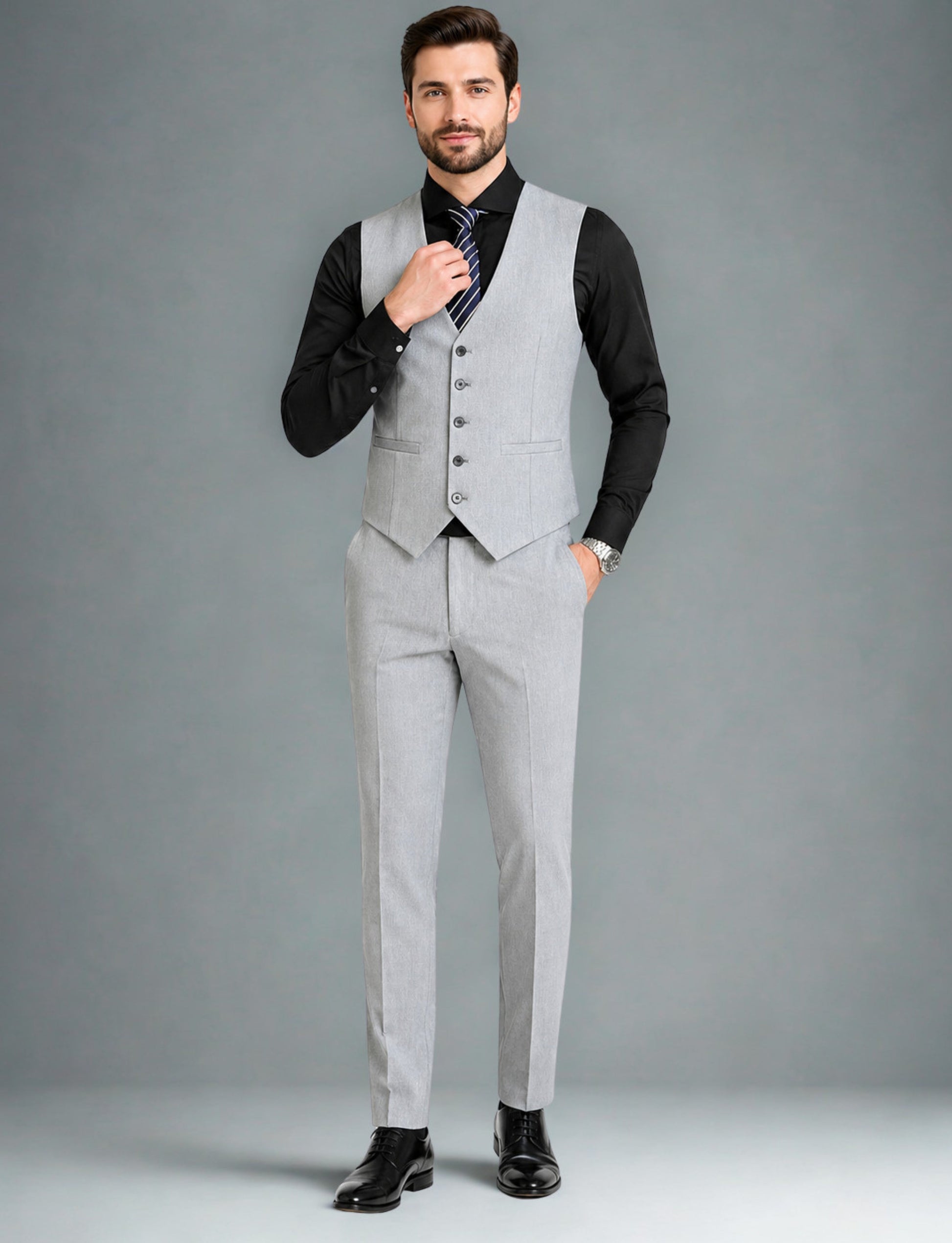 L'MONTE Imported Men's Light Grey Poly Viscose V-Shape Single Breasted Slim Fit Business Formal Dress Waistcoat Vest for Men My Store